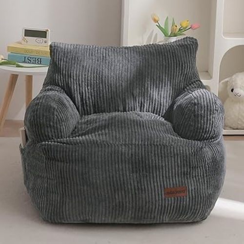 MAXYOYO Kids Bean Bag Chair, Stuffed Toddler Bean Bag Sofa with Filler Bean Bag Chair for Boys and Girls, Lazy Sofa with Pocket Floor Chair for Gaming, Reading, Dark Grey
