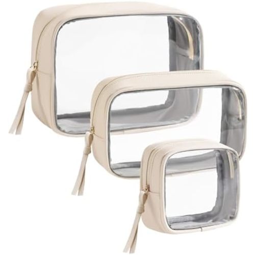 Vorspack Travel Makeup Bag - 3 Pack Travel Toiletry Bag for Women Clear Cosmetic Bag Makeup Organizer Zipper Pouch for Travel Essentials Storage - Beige