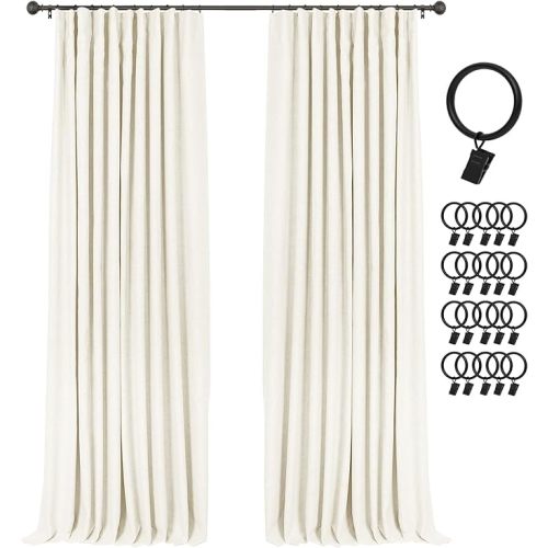 INOVADAY 100% Blackout Curtains for Bedroom, Black Out Curtains 84 Inch Long, Clip Rings Linen Blackout Drapes, Thermal Insulated Room Darkening for Living Room, 2 Panels - Lightcream,W50xL84