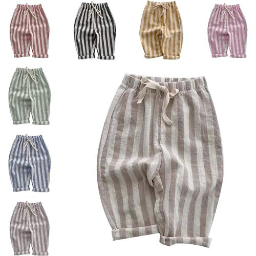 Boys' Cotton Linen Harem Bloomers Pants Elastic Waist Jogger Pants Kids Casual Striped Trousers Infant Long Sweatpants