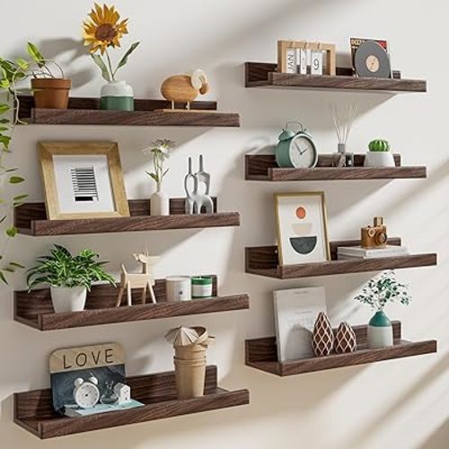 Heimlove 24 inch Picture Ledge Shelf Set of 8,Long Floating Shelves for Wall,Walnut Picture Shelf with Lip for Wall Decor,Living Room Bedroom Bookshelf Photo Frames Nursery Book Shelves for Storage