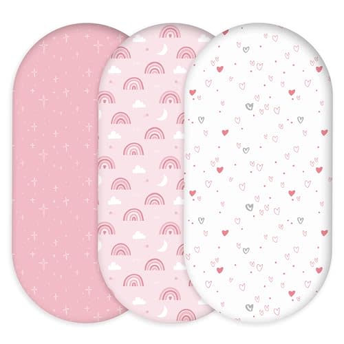 Bassinet Sheets for Baby Girl 32 * 16, 3 Pack Soft Breathable Baby Bassinet Mattress Sheets Fit for Hourglass Oval Cradle, Moses Basket Rectangle Mattress (Rainbow, Pink)