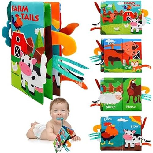 Baby Cloth Book Toys with Tails, Stroller Soft Toys for Infant Baby 0-18 Months (Farm Animals)