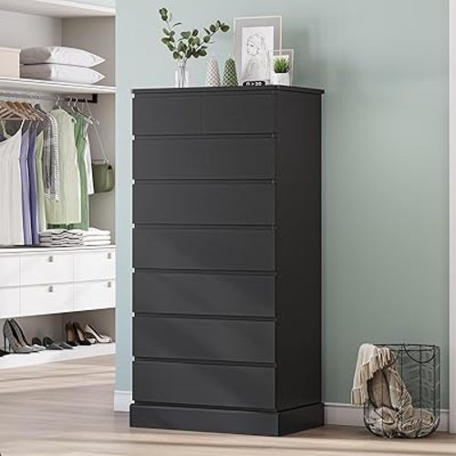 DICTAC Black Tall Dresser for Bedroom with 8 Drawers, 59.6" Tall Dressers & Chests of Drawers, Modern Wood Closet Organizer and Storage Cabinet, Large Vertical Dresser for Bedroom, Closet, Hallway