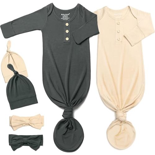 Newborn Knotted Gown Set with Hat and Headband, Soft Tie Bottom Newborn Sleepers for Baby Girl Boy (2 Packs)