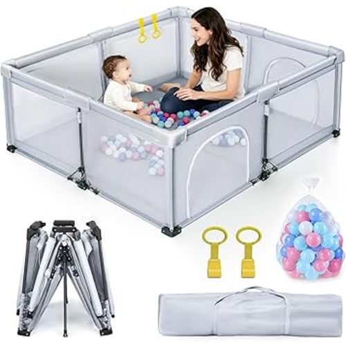 Foldable Baby Playpen 50X50 in, Foldable Playpen for Babies and Toddlers, with 1 Storage Bag 50 Balls & 2 Handlers,Indoor&Outdoor Portable Play Pen. Quick Installation & Folding Baby Play Pen