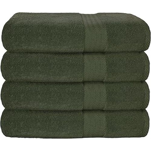 GLAMBURG Premium Cotton 4 Pack Bath Towel Set - 100% Pure Cotton - 4 Bath Towels 27x54 - Ideal for Everyday use - Ultra Soft & Highly Absorbent - Olive Green