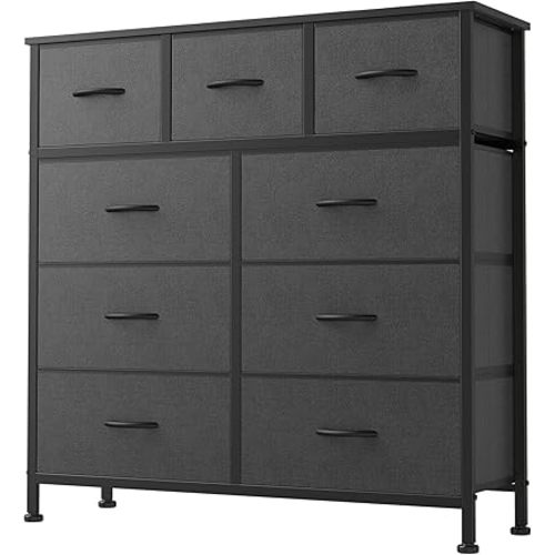 DUMOS 9 Drawer Dresser, Fabric Storage Organizer with Sturdy Metal Frame and Wooden Top, Modern Chest of Drawers for Bedroom Closet Entryway,Grey