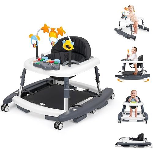 5-in-1 Music and Lights Foldable Baby Walker, Baby Walker with Wheels and Bouncer Combo Portable with 5 Adjustable Heights, Infant Toddler Walker for Baby Boy Girls 6-18 Months（Grey）
