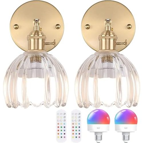 Vintage Battery Operated Wall Sconce with Cute Transparent Tulip Glass Lampshade Wireless Rechargeable Battery Powered Wall Light with Remote Control for Bedside Bedroom Doorway, Set of 2