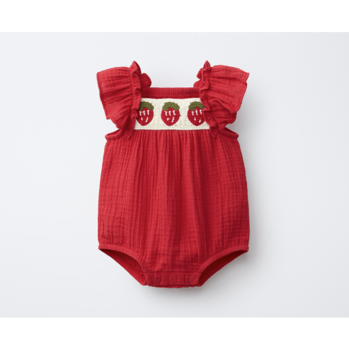STRAWBERRY EMBROIDERED COTTON GAUZE ROMPER