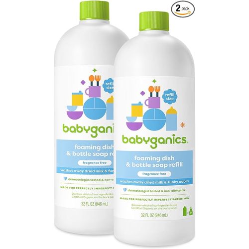 Babyganics Foaming Dish & Bottle Soap, Fragrance Free, Removes Dried Milk, 32 Fl Oz (Pack of 2), Packaging May Vary