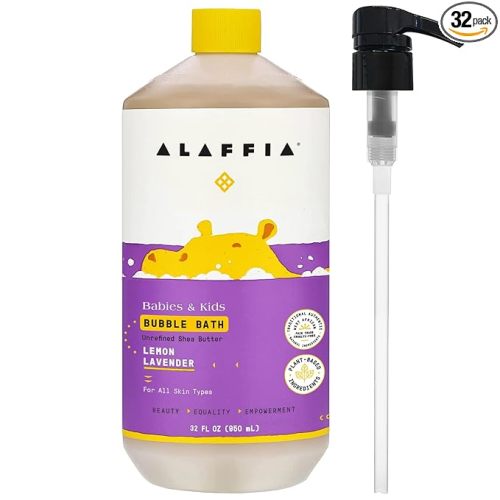 Alaffia Babies & Kids Bubble Bath, Lemon Lavender, Pump Included – Gentle Cleanser with Raw Shea Butter and Lemon Balm, 32 Fl Oz