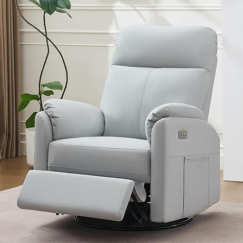 Power Glider Recliner Nursery Rocking Chair with USB Ports, Glider Chair with Lumbar Pillow for Living Room, Glider Swivel Recliner Chair for Nursery(Gray)