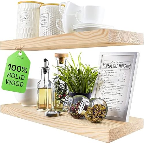 BAOBAB WORKSHOP Wood Floating Shelves for Bathroom Wall - Rustic Shelf 24 inch - Floating Wooden Shelves for Bedroom Kitchen Living Room - Natural Wood Shelves, 24W x 6.7D, Set of 2