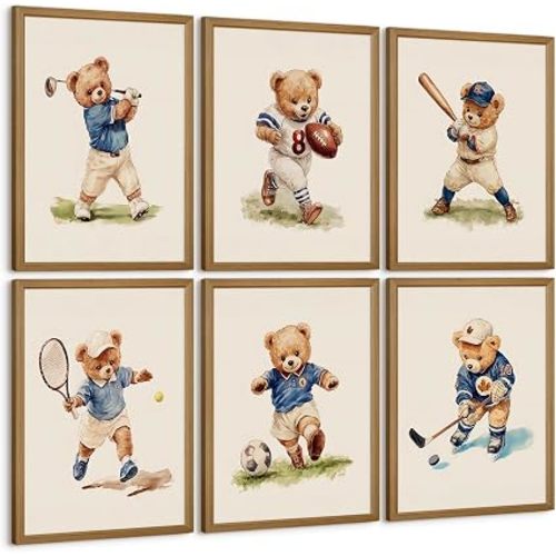 Nursery Bear Wall Art Boy Sports Canvas Wall Decor Baby Nursery Prints Vintage Teddy Bear Poster Boy Room Wall Art Kids Animal Pictures Painting for Bedroom Playroom 12x16 Inch Wood Framed Set of 6