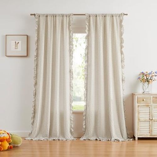 ZJDECOR Khaki White Buffalo Plaid Ruffle Window Curtains 84 Inches Long
