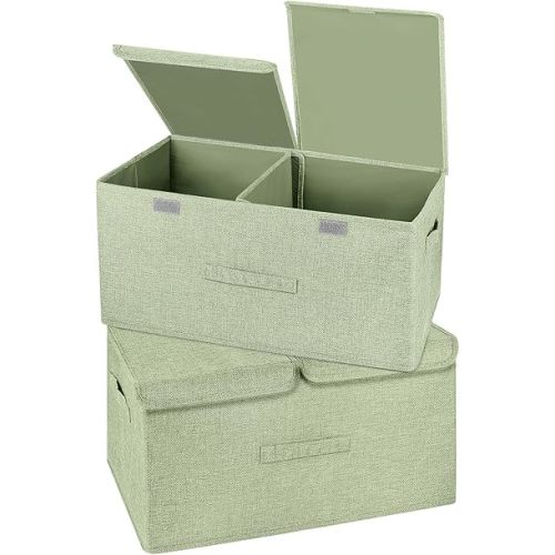 2 Pack Large Storage Boxes with Lids and Handles, Collapsible Linen Storage Bins Organizer Containers Baskets Cube with Removable Divider for Home Bedroom Closet Office (Green, Large)