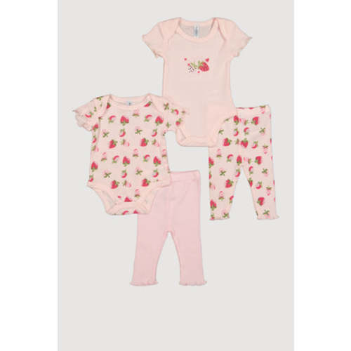 Baby Girls 0-9M Strawberry Print Bodysuits and Pants 4 Piece Set