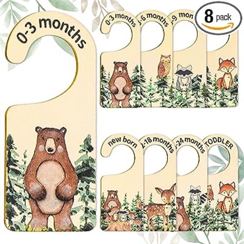 Whaline 8 Pcs Baby Closet Size Dividers Woodland Design Hanging Wooden Baby Closet Organizer Newborn to 24 Months Thicken Babies Wardrobe Organizer for Home Nursery Decor