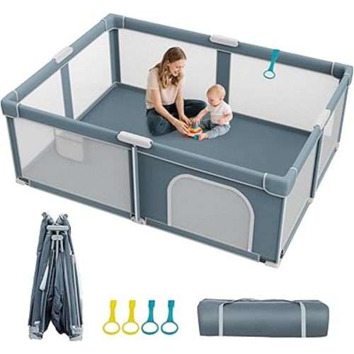 Foldable Baby Playpen - 74"×50" Collapsible Play Pen for Babies and Toddlers - Indoor Outdoor Foldable Play Yard with 4 Handles - Folding Baby Playpen with Bag Portable Travel Play Yard