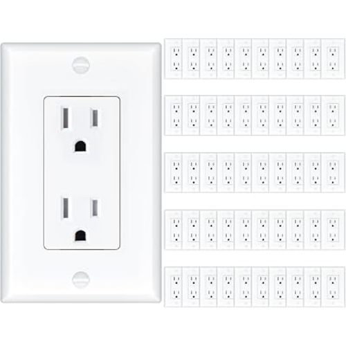 Amico 50 Pack Wall Outlet, 15 Amp Outlets, UL Listed, Tamper Resistant Standard Electrical Outlet, Decorator Receptacle with Wall Plate, Suitable for Home and Business, 125V/1875W, White