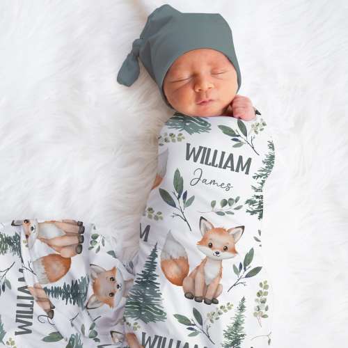 Personalized Fox Swaddle Blanket Forest Name Baby Blanket Fox Newborn Baby Boy Coming Home Outfit Hospital Photo Outfit Baby Shower Gift