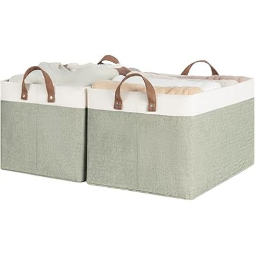 StorageWorks Storage Bins, Fabric Storage Bins for Shelves, Extra Large Storage Baskets with Metal Frame, Closet Baskets and Bins with Handles, Jumbo, Green and White, 2-Pack