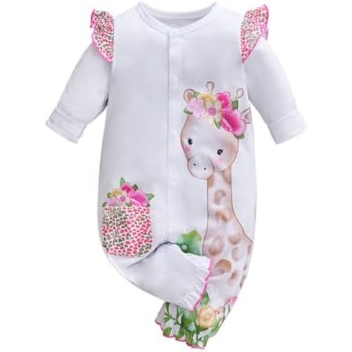 Cute Zebra Giraffe With Floral Print Long Sleeve Baby Girl Clothes White Jumpsuit For Baby One-Piece Romper