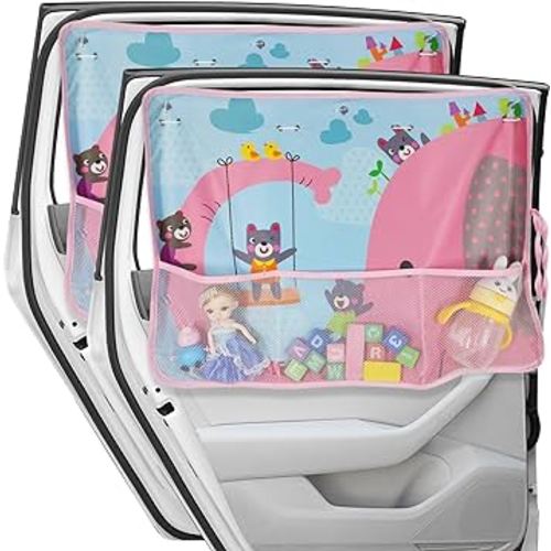 Car Sun Shade for Window Baby, 2 Pack Full Shade Car Window Shades with Storage Net Pocket Car Window Curtain 7 Suction Cups Cute Elephant for Sun/Heat/UV Rays Protection Kids