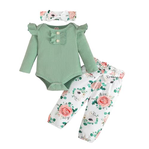 Newborn Baby Girls Clothes Ribbed Ruffled Romper+Floral Pants+Headband Infant Outfit Set