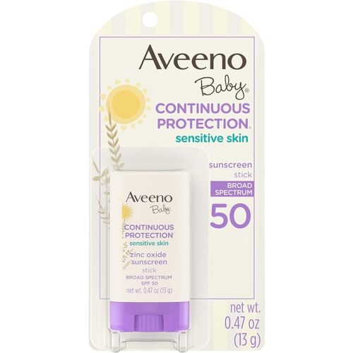 Aveeno Baby Continuous Protection Mineral Sunscreen Stick for Sensitive Skin with Broad Spectrum SPF 50 Protection for Face & Body, Naturally Sourced 100% Zinc Oxide, Travel Size, 0.47 oz