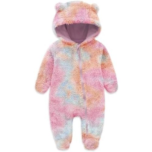Jimonda Baby Tie Dye Snowsuit Winter Fleece Jumpsuit 0-18 Months, 100% Polyester Hooded Romper with Bear Ears for Infant
