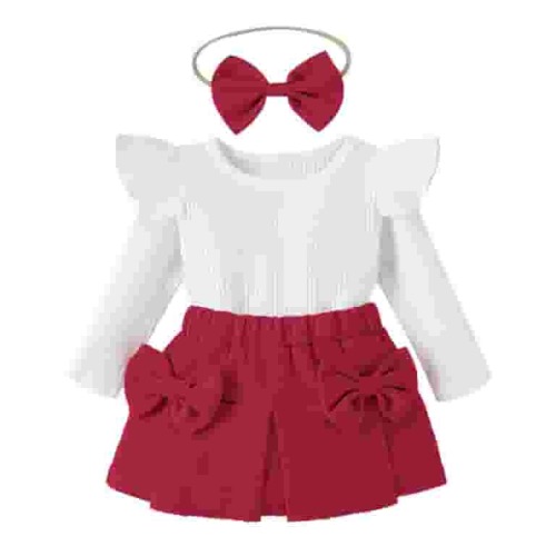 IWEMEK Girl's Fall Winter Clothes Casual Trendy Long Sleeve Ruffle Tshirt Red Mini Skirt Family Photo Autumn Suit 1-2T