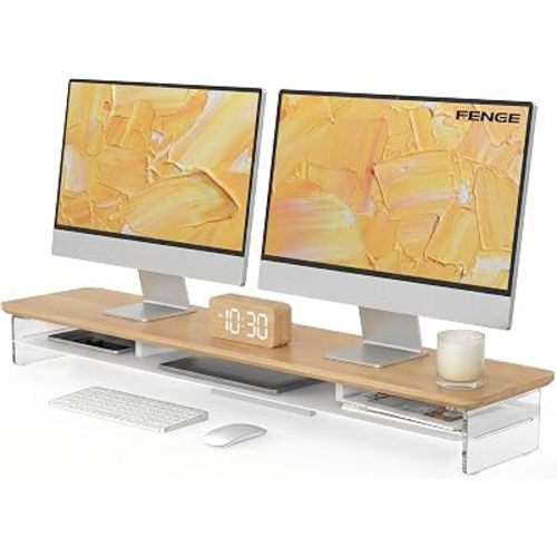 Fenge 42.5" Dual Monitor Stand with Clear Acrylic Legs, Dark Oak