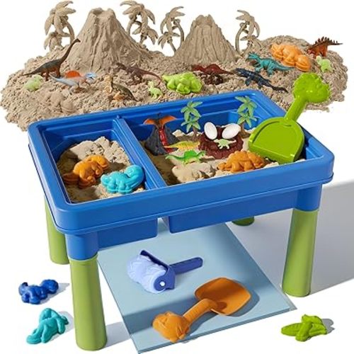 Lehoo Castle Dinosaur Sensory Table with Sand, Sand Table with Lid & 16 Dinosaurs, Adjustable Legs, Indoor Outdoor Play, Role Play Beach Toy, Birthday Gift for Boys Girls