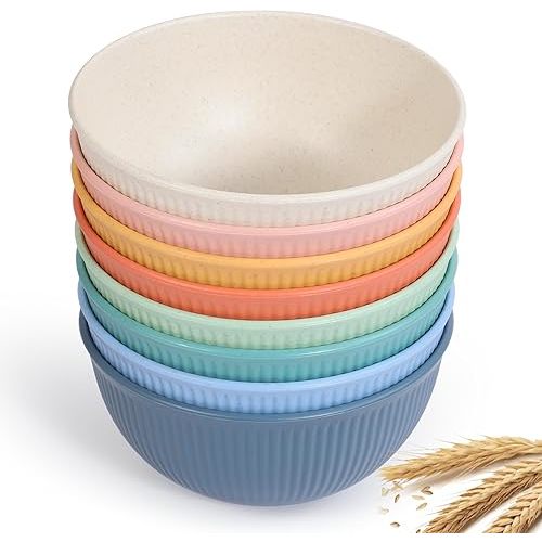 Reusable Bowls Set Unbreakable Cereal Bowls,24 OZ Wheat Straw Fiber Lightweight Bowl Sets 8, Microwave and Dishwasher Safe,Use for Ramen, Soup, Salad -Multi Color