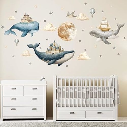 Under The Sea Whales Wall Decal Sticker,Ocean Nursery Wall Sticker,Watercolor Whale, Hot air Balloons, Castle Art Decor Mural,for Children's Room Living Bedroom, Game Room Underwater World Decor