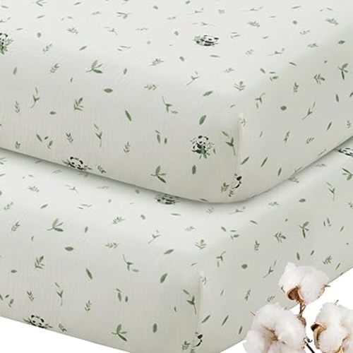 SiinvdaBZX 2 Pcs Muslin Crib Sheets Neutral, Ultra Soft Cotton Breathable Fitted Baby Crib Mattress Sheets for 52"x28" Standard Toddler Mattress (2Pcs Panda)