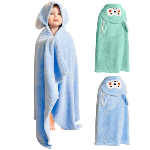 BIG ELEPHANT Unisex Baby Hooded Bath Towel, Toddler Soft Absorbent Animal Bathrobe with Ears 2 Packs