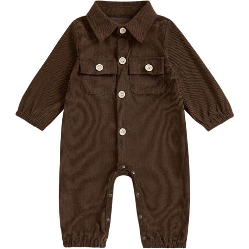 Karuedoo Newborn Baby Boy Girl Clothes Corduroy Long Sleeve Button Up Romper Jumpsuit Collared Bodysuit Fall Winter Outfit