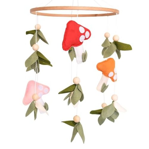 Mushroom Baby Mobile, Green Leaf Mobile for Crib, Crib Mobile for Boys Girls, Forest Nursery Mobile for Bassinet, Pack and Play, Woodland Nursery Décor