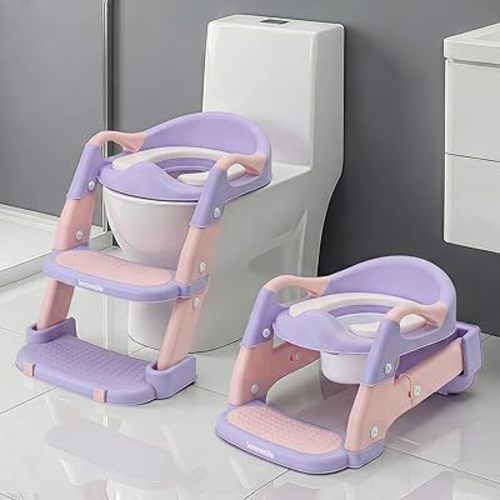 SereneLife 2-in-1 Potty Chair & Potty Training Seat with Step Stool Ladder - Height Adjustable Kids/Toddler Toilet Seat with Stable Anti-Slip Design, Cushioned Seat & Splash Guard For Boys Girls