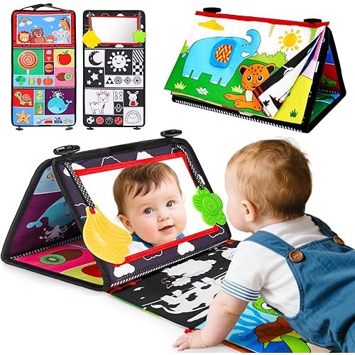 Baby Mirror Tummy Time Toys 0-6 Months with Crinkle Cloth Books Infant High Contrast Newborn Sensory Black and White Toy for 0-3 4 5 6 Months Must Haves Babies 3-6 6-12 Month Boy Girl