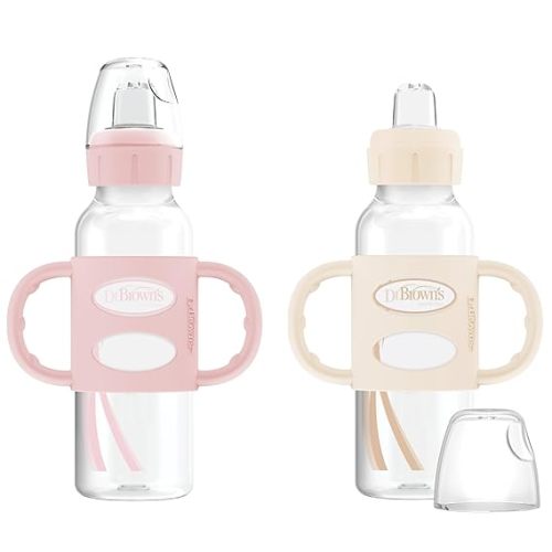 Dr. Brown's Milestones Narrow Sippy Spout Bottle with 100% Silicone, Easy-Grip Handles and Soft Sippy Spout, 8oz/250mL, Light Pink and Ecru, 2-Pack, 6m+