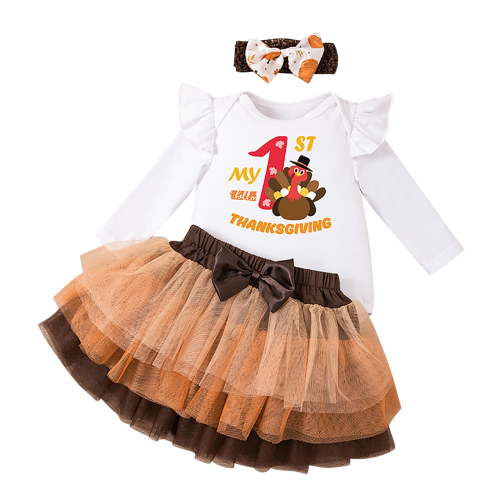 CUZIBR Baby Girl Thanksgiving Outfits O-Neck Bodysuit+Tutu Skirt+Headband Clothes Sets Classic Dailywear For Toddler