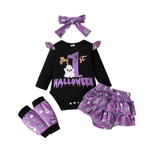RMGVDSD Baby Girl Halloween Outfit Long Sleeve Cartoon Prints Romper Bodysuits Shorts Headbands 4 Piece Outfits Cute Girls Fall Clothing Set 0-3 Months