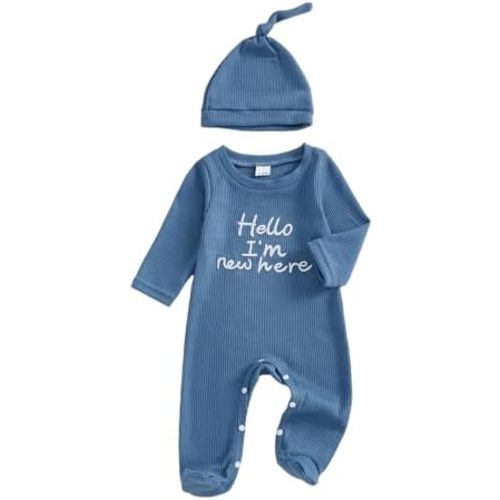 Newborn Baby Boy Outfits Letter Embroidery Footed Jumpsuit Zipper Romper And Hat Cute Spring Baby Coming Home Outfit