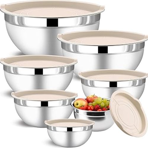 7 Piece Stainless Steel Mixing Bowls with Lids Set - Khaki Nesting Metal Mixing Bowls for Kitchen, Sizes 4.5, 4, 3.5, 2.1, 1.5, 1.1, 0.7 Qt for Baking, Cooking and Serving, Dishwasher Safe