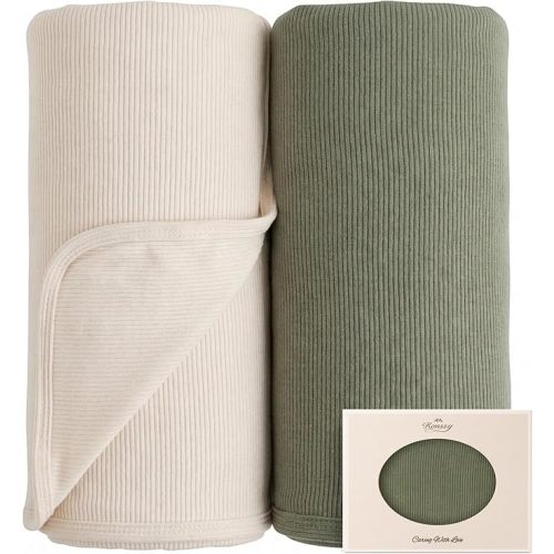 Konssy Ribbed Knit Baby Blankets 2 Pack, Stretchy Lightweight Swaddle Blanket for Boys & Girls, Soft Cozy Receiving Wrap for Newborns, Infants, & Toddlers, 33x42 Inch